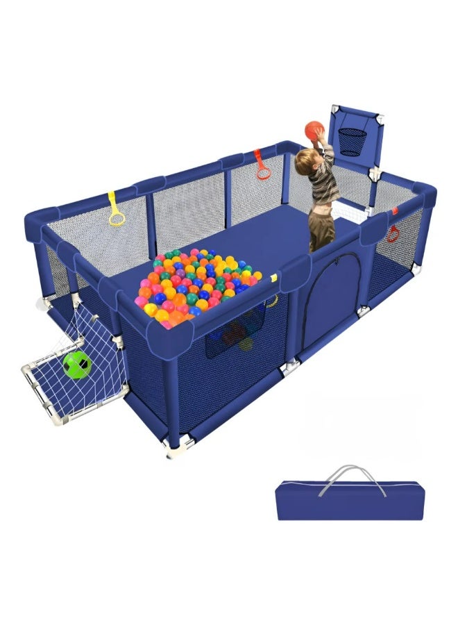 Rectangular Baby Playpen with Soccer Goal & Hoop Bundle - Includes 50 Colorful Pit Balls - Large Safety Play Yard (180x120cm) - Image 1